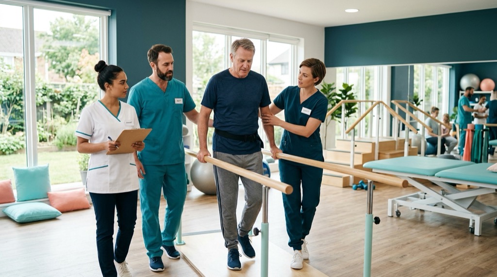 A rehabilitation therapist guiding a patient through a recovery program in a bright modern clinic
